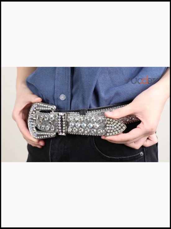 Rhinestone Belt with Faux Leather Strap and Alloy Buckle